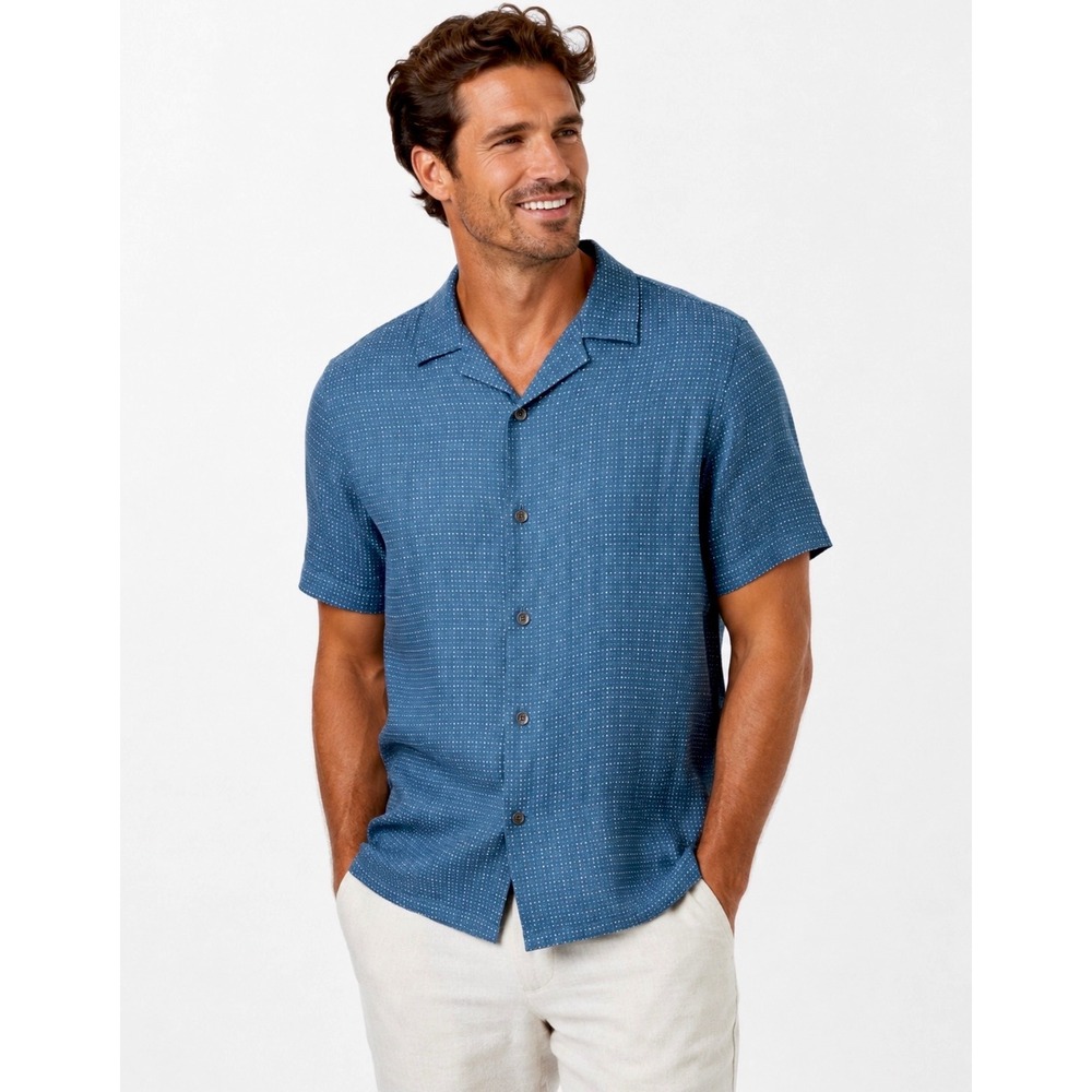 Theory Daze Lanai Print Linen Blend Camp Shirt Mens Size M Blue Resort Coastal